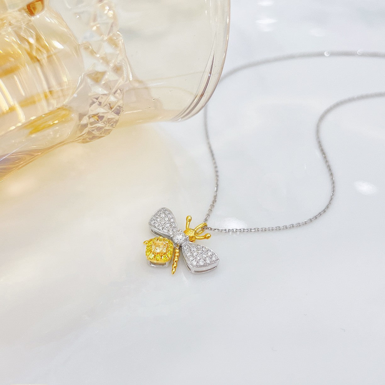 18K Yellow Gold Diamond Cushion Bee Pendant Necklace - Yellow Diamond Necklace