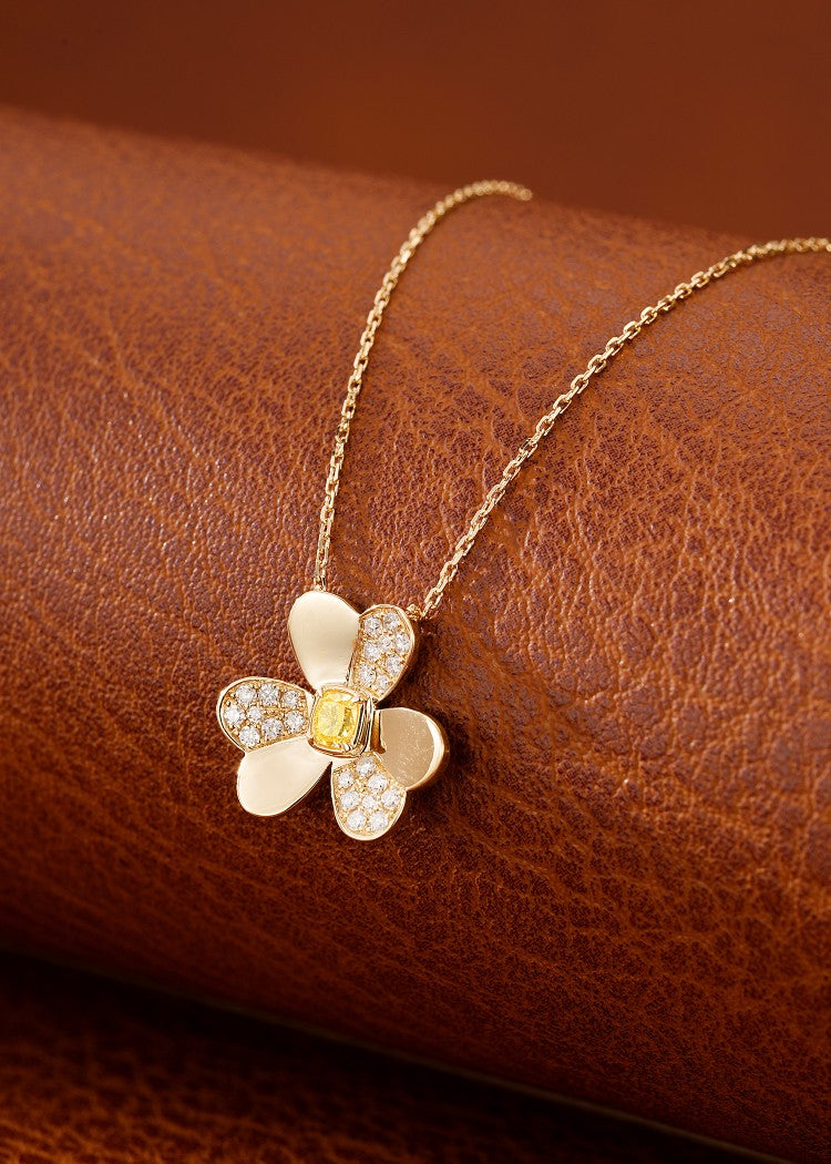 18K Yellow Gold Diamond Cushion Clover Necklace - Luxury Jewelry - Yellow Diamond Necklace