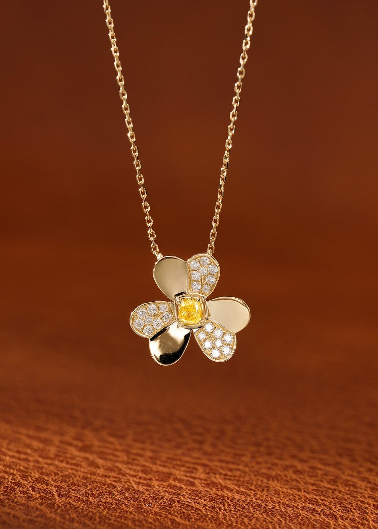 18K Yellow Gold Diamond Cushion Clover Necklace - Luxury Jewelry - Yellow Diamond Necklace