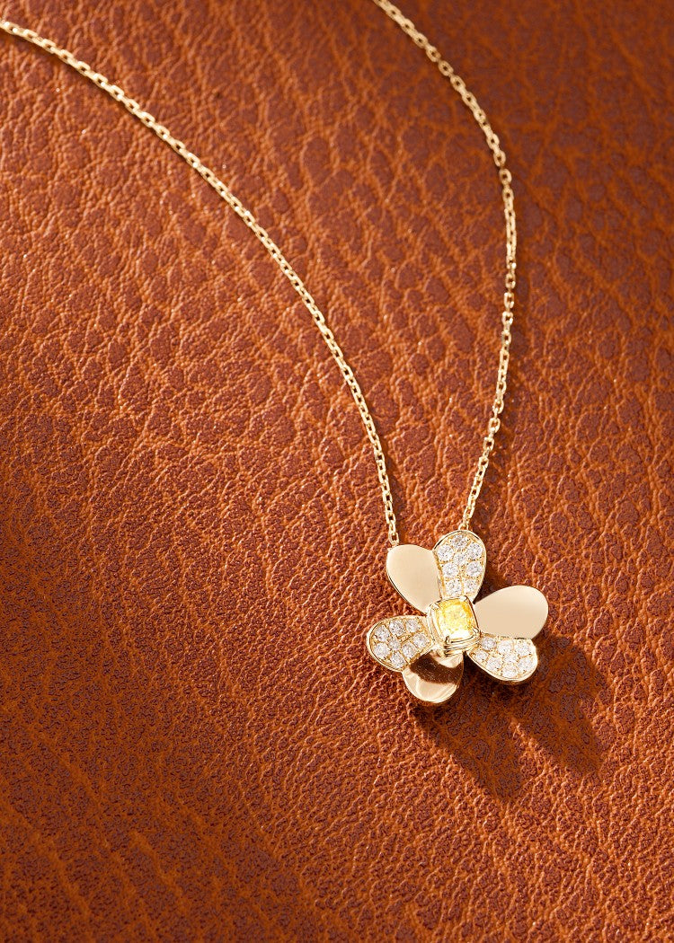 18K Yellow Gold Diamond Cushion Clover Necklace - Luxury Jewelry - Yellow Diamond Necklace