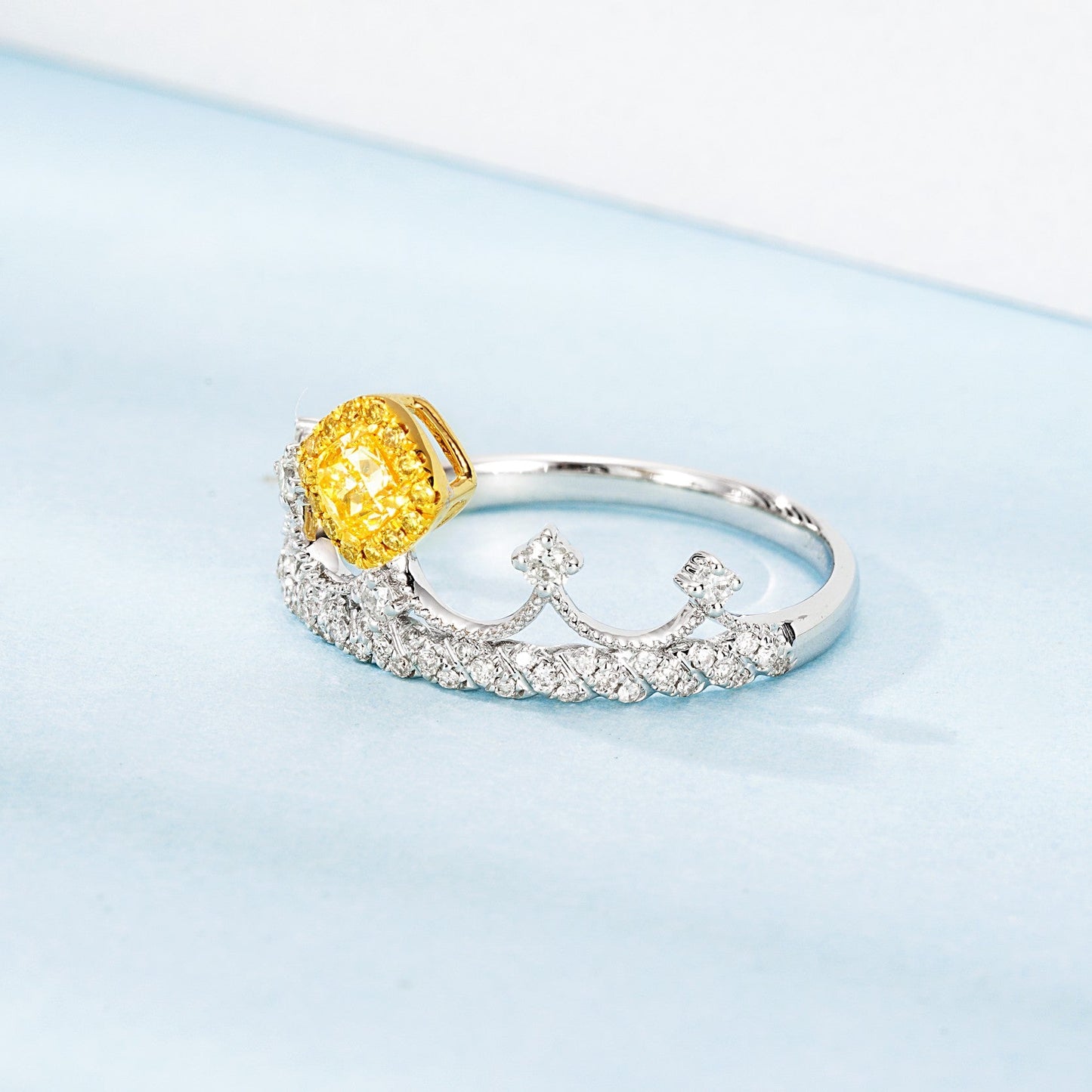 18K Yellow Gold Diamond Cushion Crown Ring - Exquisite Jewelry - Yellow Diamond Ring