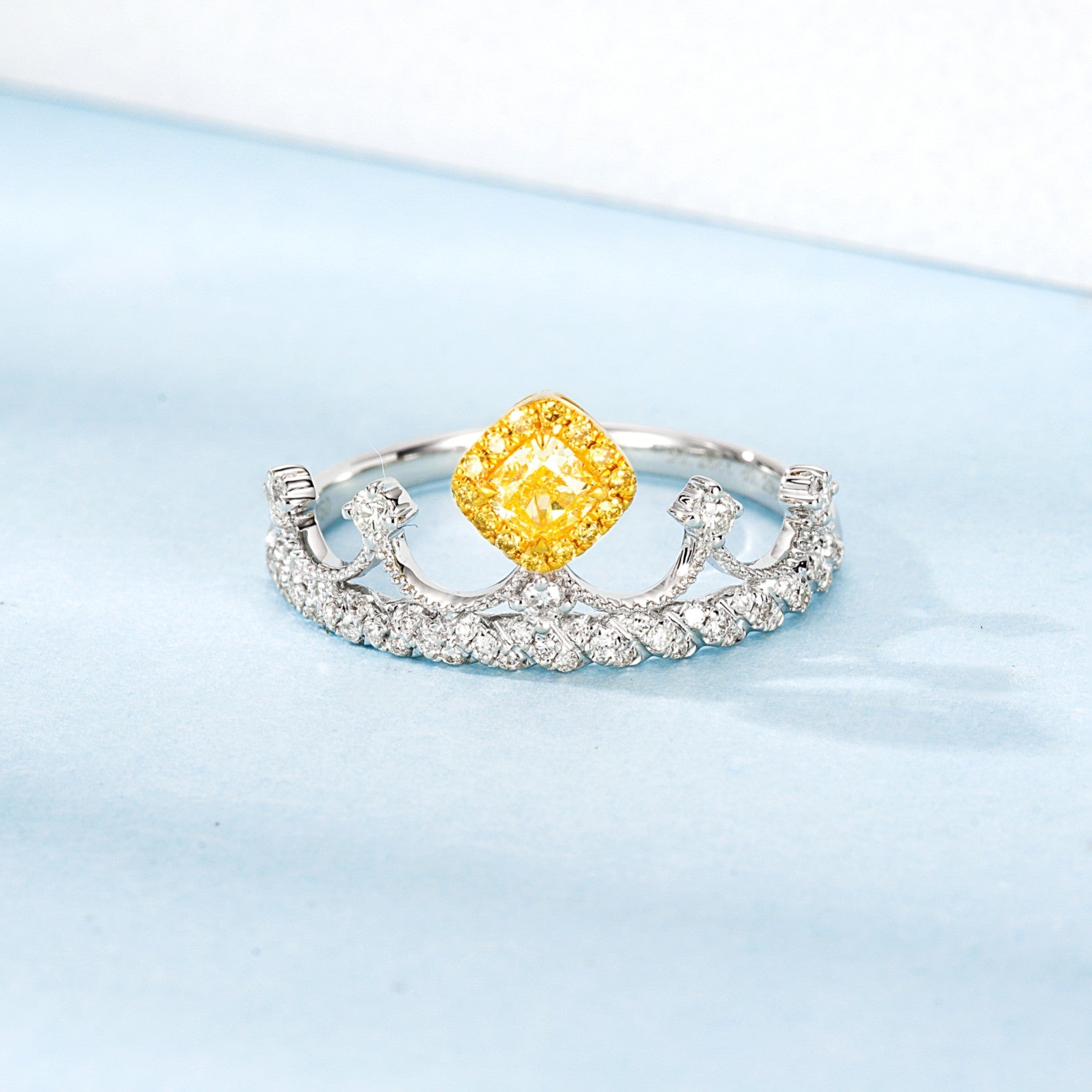 18K Yellow Gold Diamond Cushion Crown Ring - Exquisite Jewelry - Yellow Diamond Ring