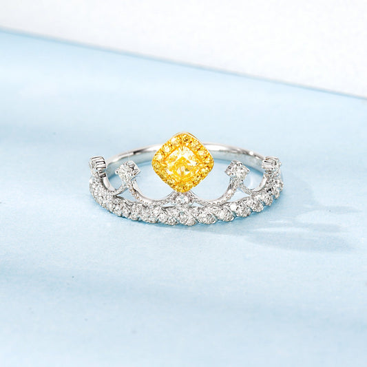 18K Yellow Gold Diamond Cushion Crown Ring - Exquisite Jewelry - Yellow Diamond Ring