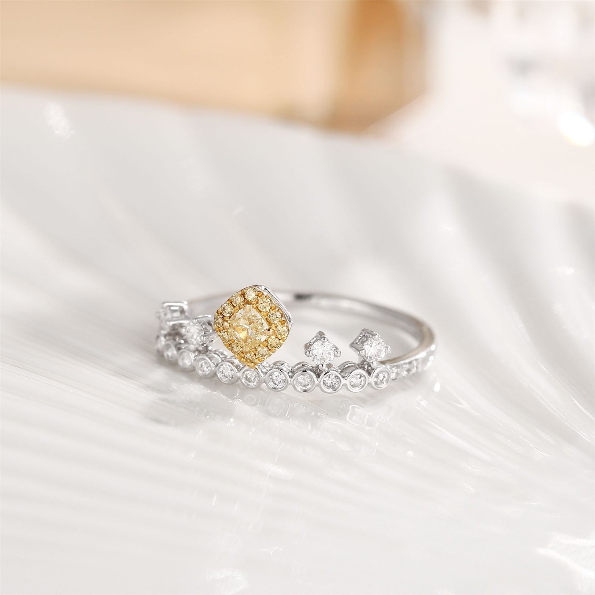 18K Yellow Gold Diamond Cushion Crown Ring - Luxurious Jewelry - Yellow Diamond Ring