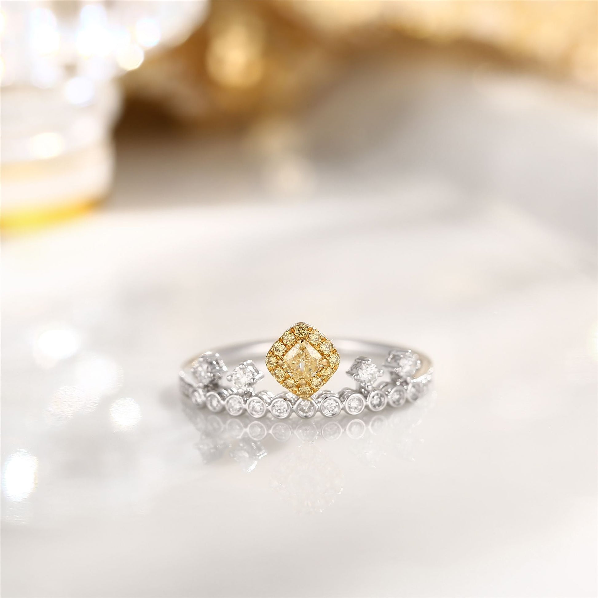 18K Yellow Gold Diamond Cushion Crown Ring - Luxurious Jewelry - Yellow Diamond Ring