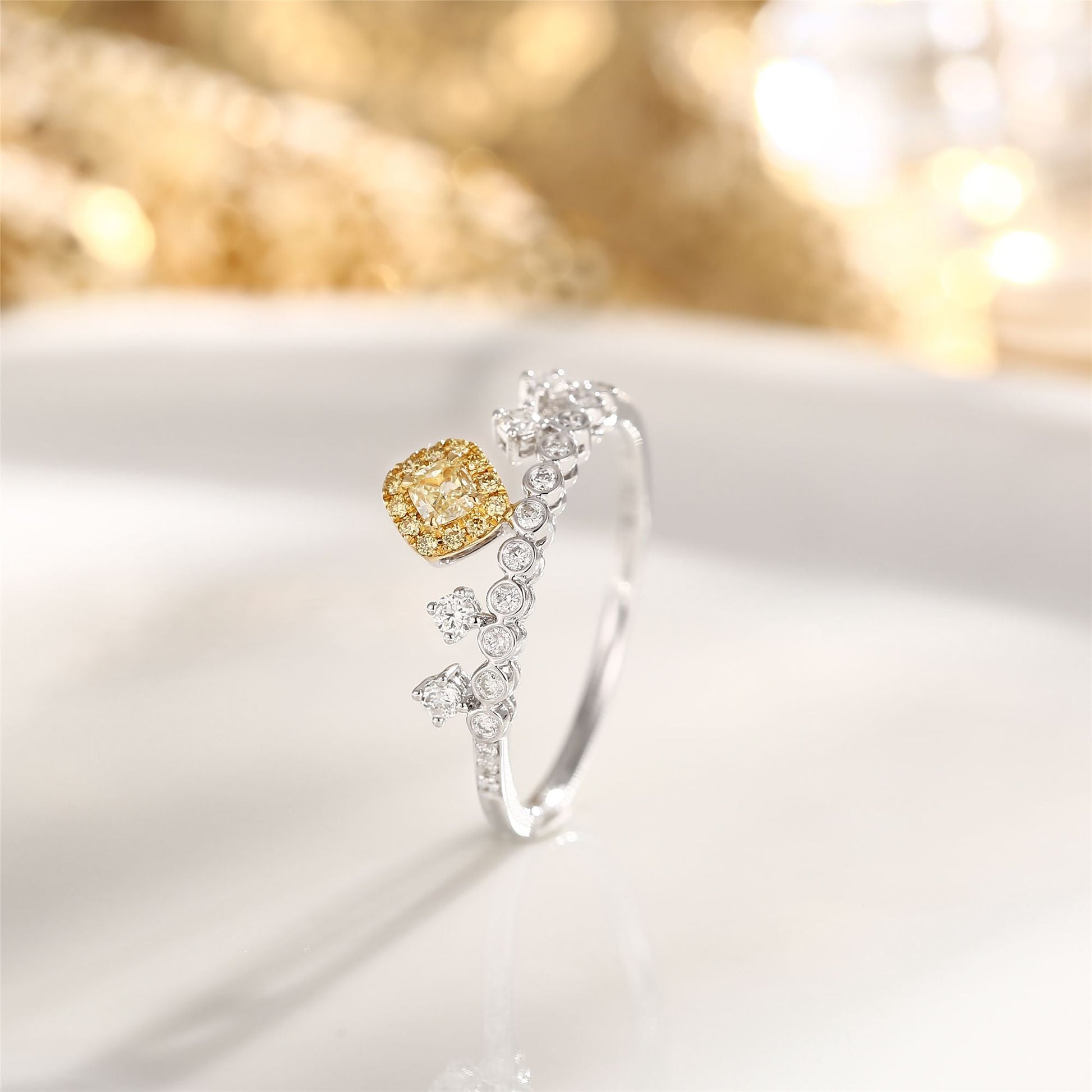 18K Yellow Gold Diamond Cushion Crown Ring - Luxurious Jewelry - Yellow Diamond Ring