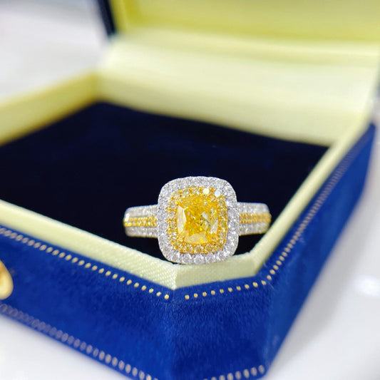 18K Yellow Gold Diamond Cushion-Cut Bi-Color Ring with AGL Certificate - Yellow Diamond Ring