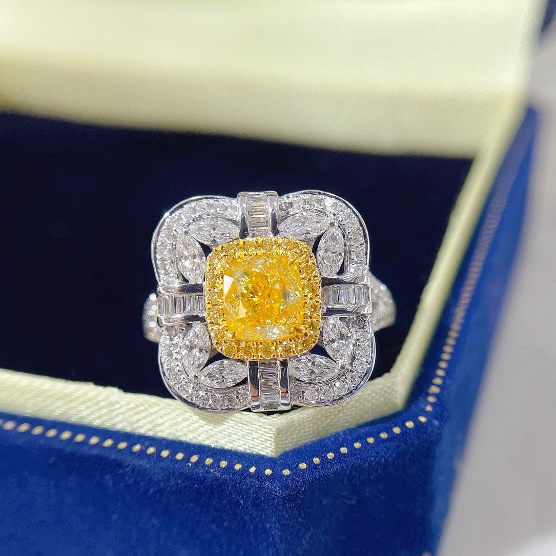 18K Yellow Gold Diamond Cushion Cut Crossover Two-Way Ring | Premium Jewelry - Yellow Diamond Ring