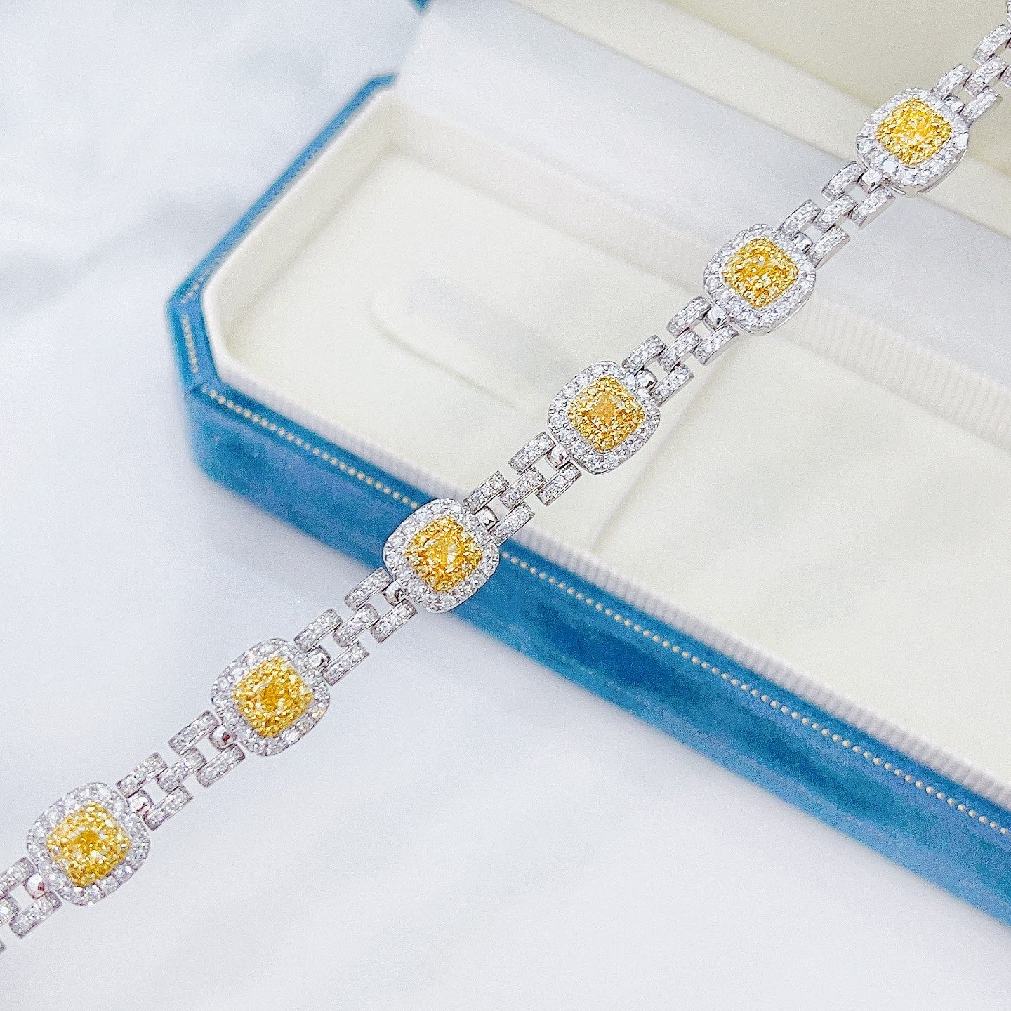 18K Yellow Gold Diamond Cushion-Cut Denim Clasp Bracelet - Premium Jewelry - Yellow Diamond Bracelet