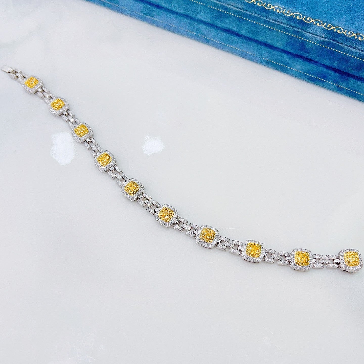 18K Yellow Gold Diamond Cushion-Cut Denim Clasp Bracelet - Premium Jewelry - Yellow Diamond Bracelet