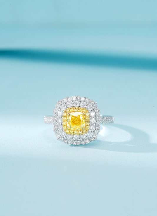 18K Yellow Gold Diamond Cushion-Cut Double Halo Ring - Premium Jewelry - Yellow Diamond Ring