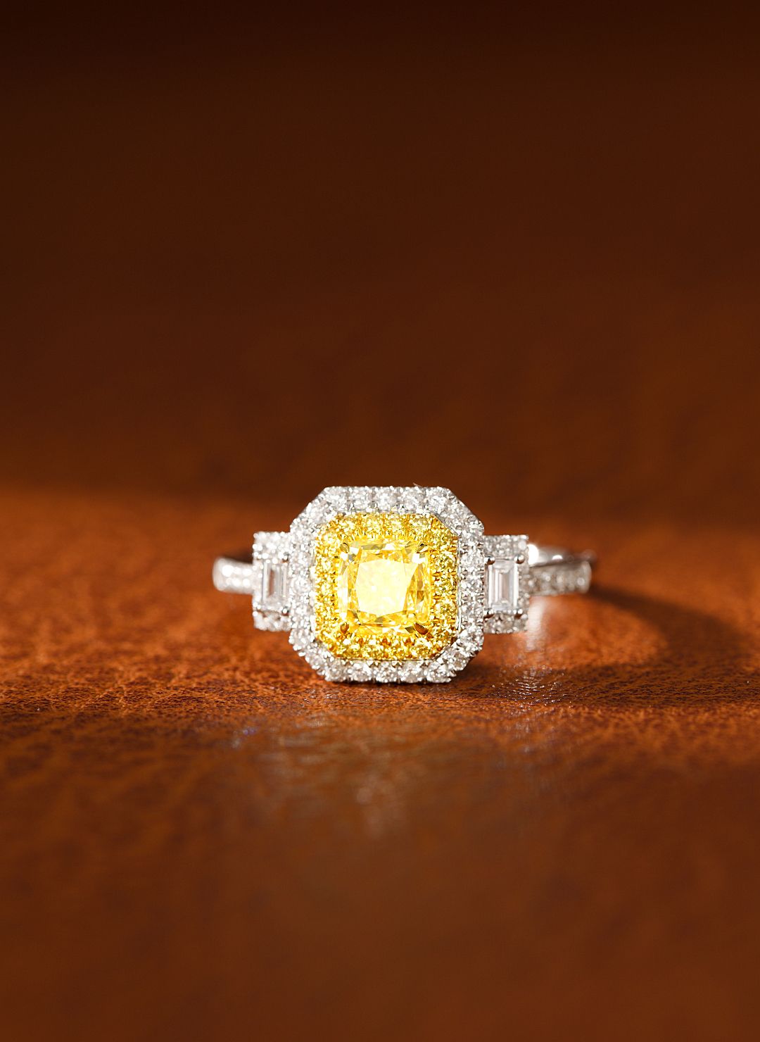 18K Yellow Gold Diamond Cushion-Cut Double Shank Ring with AGL Certificate - Luxury Jewelry - Yellow Diamond Ring