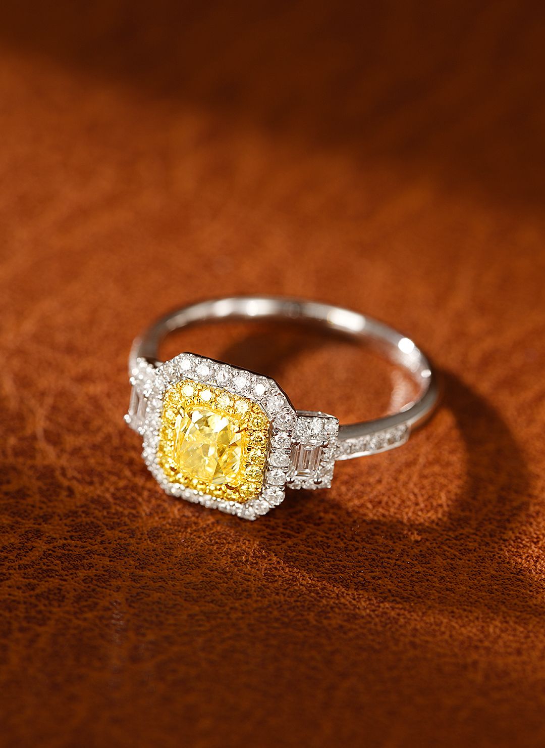 18K Yellow Gold Diamond Cushion-Cut Double Shank Ring with AGL Certificate - Luxury Jewelry - Yellow Diamond Ring