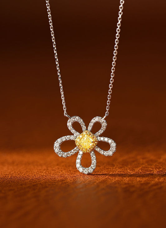 18K Yellow Gold Diamond Cushion-Cut Five-Petal Flower Necklace - Yellow Diamond Necklace