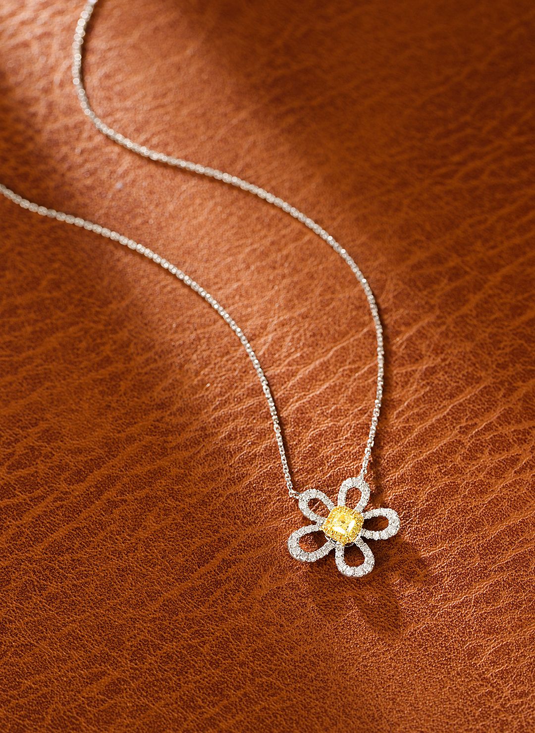 18K Yellow Gold Diamond Cushion-Cut Five-Petal Flower Necklace - Yellow Diamond Necklace