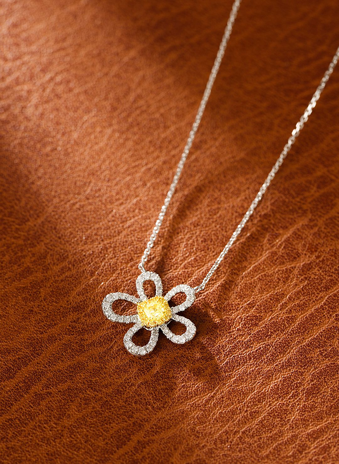 18K Yellow Gold Diamond Cushion-Cut Five-Petal Flower Necklace - Yellow Diamond Necklace