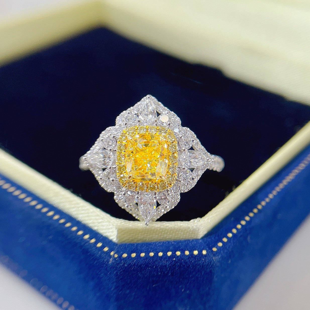 18K Yellow Gold Diamond Cushion-Cut Four-Petal Flower Ring - Yellow Diamond Ring