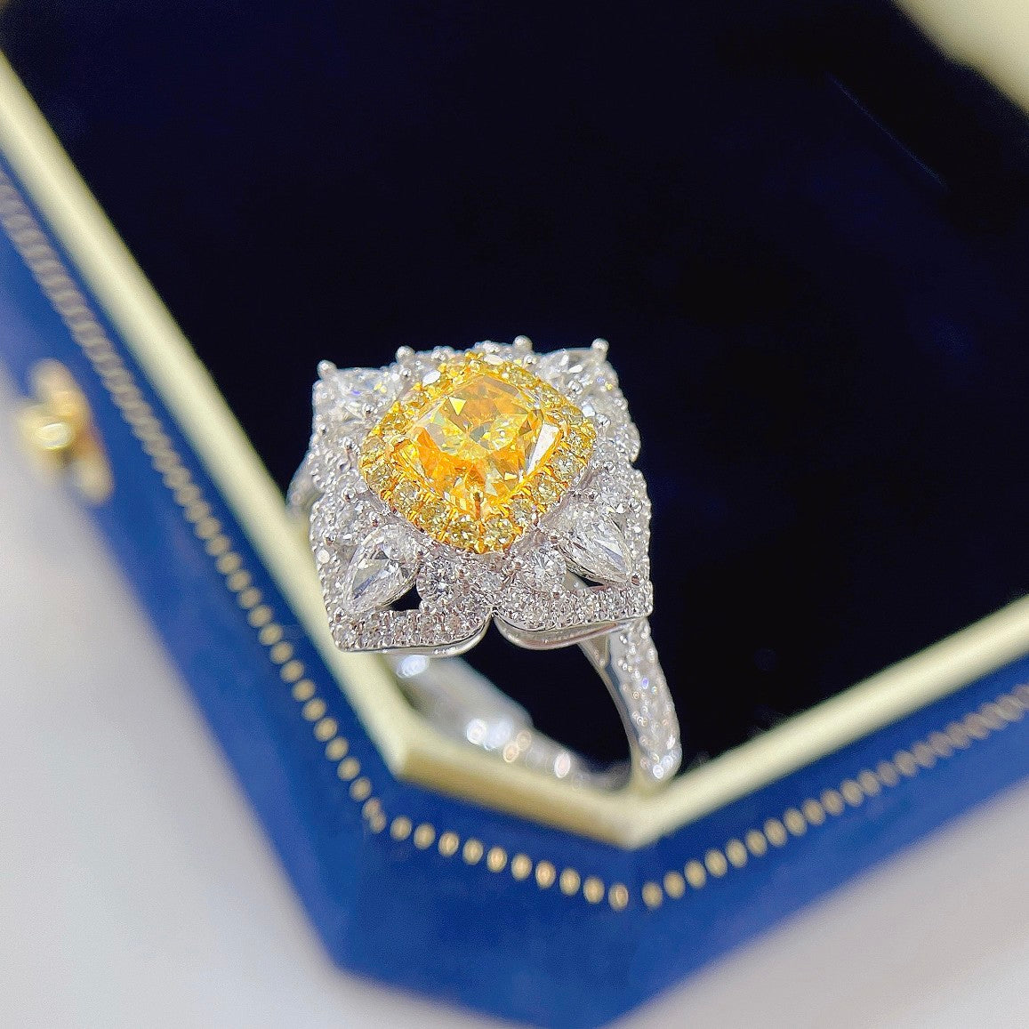 18K Yellow Gold Diamond Cushion-Cut Four-Petal Flower Ring - Yellow Diamond Ring