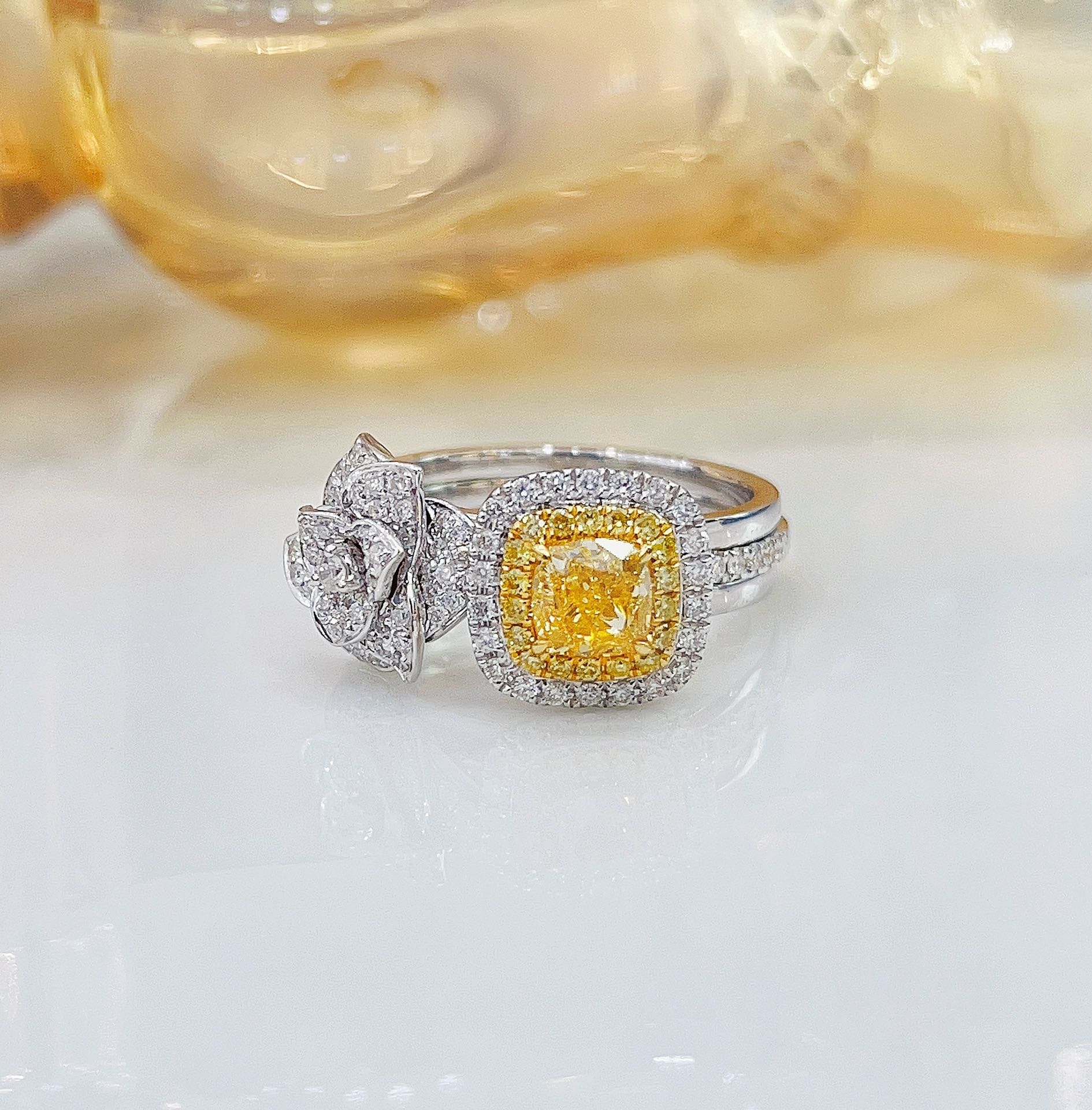 18K Yellow Gold Diamond Cushion-Cut GIA Certified Ring - Jewelry of Elegance - GIA Yellow Diamond Ring