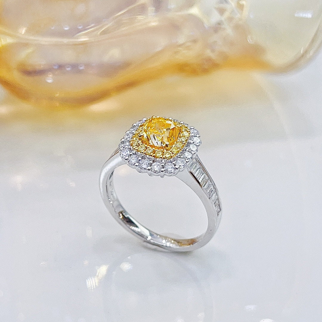 18K Yellow Gold Diamond Cushion-Cut GIA Certified Ring - Premium Jewelry - GIA Yellow Diamond Ring