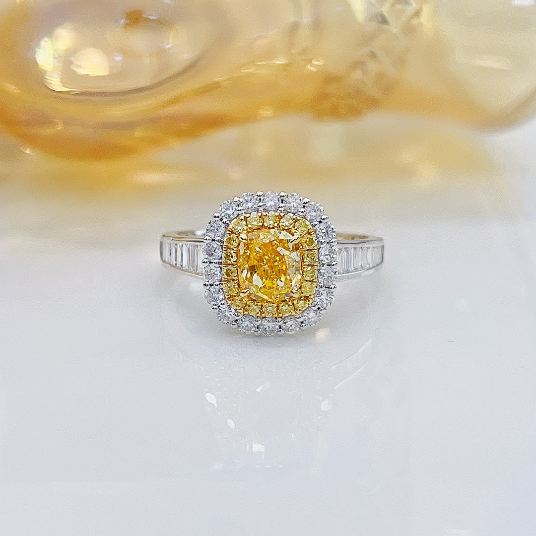 18K Yellow Gold Diamond Cushion-Cut GIA Certified Ring - Premium Jewelry - GIA Yellow Diamond Ring