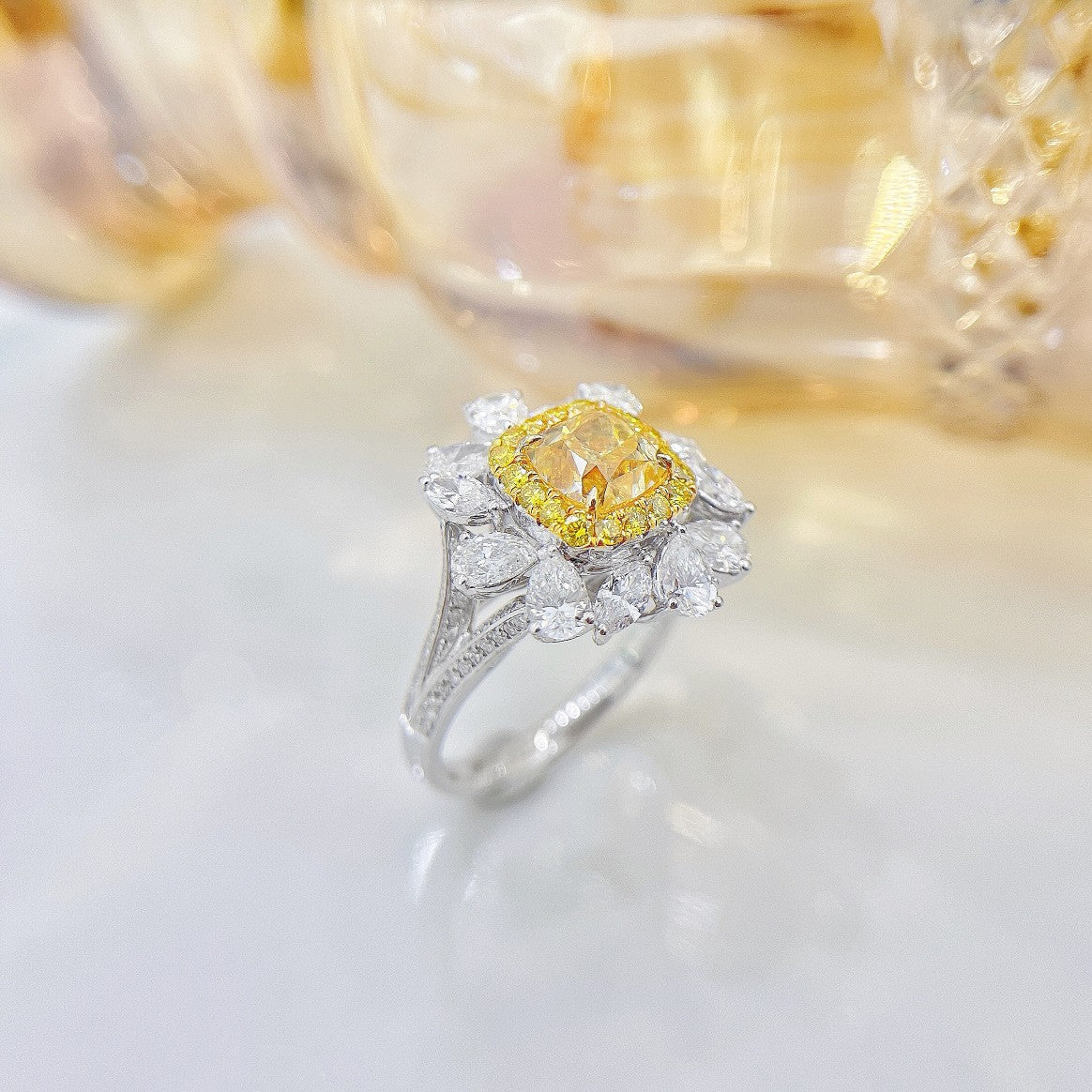 18K Yellow Gold Diamond Cushion-Cut Halo Drop Y-Arm Ring | Premium Jewelry - Yellow Diamond Ring