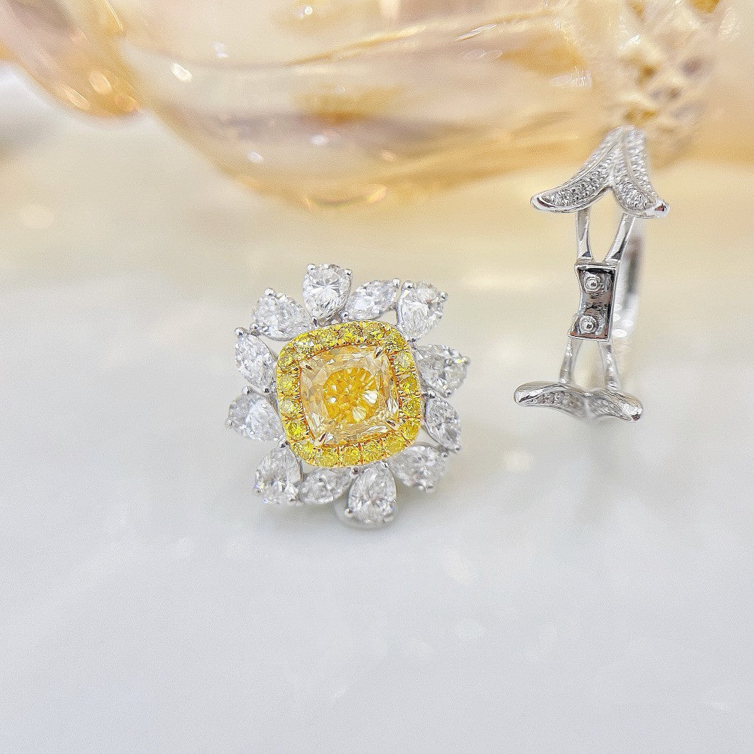 18K Yellow Gold Diamond Cushion-Cut Halo Drop Y-Arm Ring | Premium Jewelry - Yellow Diamond Ring