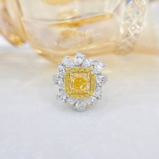 18K Yellow Gold Diamond Cushion-Cut Halo Drop Y-Arm Ring | Premium Jewelry - Yellow Diamond Ring