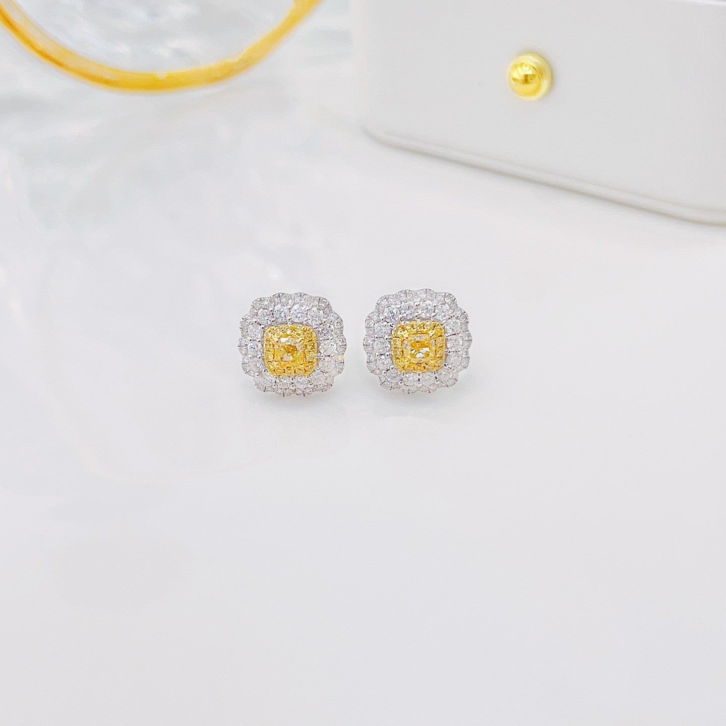 18K Yellow Gold Diamond Cushion-Cut Halo Earrings - ED053-Y - Jeweler.Jewelry