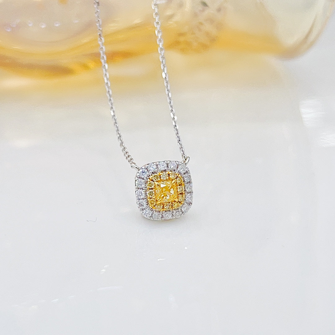 18K Yellow Gold Diamond Cushion-Cut Halo Necklace - Yellow Diamond Necklace