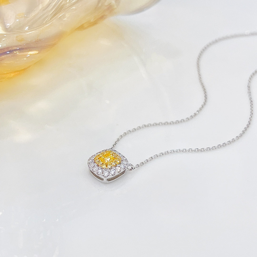 18K Yellow Gold Diamond Cushion-Cut Halo Necklace - Yellow Diamond Necklace