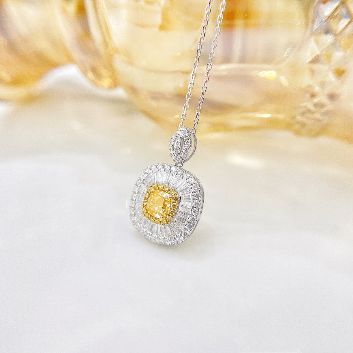 18K Yellow Gold Diamond Cushion-Cut Halo Necklace - Yellow Diamond Necklace