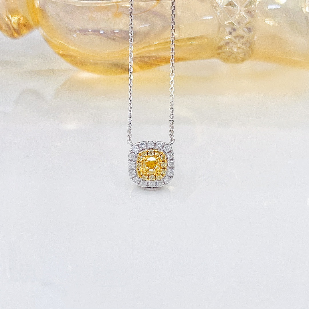 18K Yellow Gold Diamond Cushion-Cut Halo Necklace - Yellow Diamond Necklace