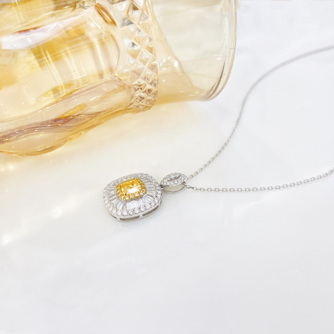 18K Yellow Gold Diamond Cushion-Cut Halo Necklace - Yellow Diamond Necklace