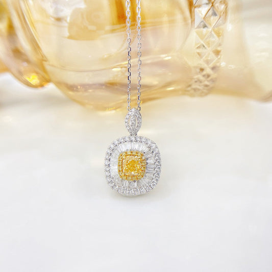 18K Yellow Gold Diamond Cushion-Cut Halo Necklace - Yellow Diamond Necklace