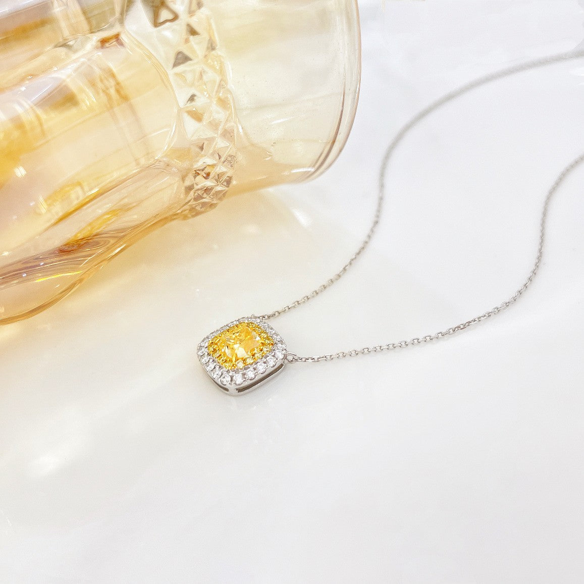 18K Yellow Gold Diamond Cushion-Cut Halo Necklace - Exquisite Jewelry - Yellow Diamond Necklace