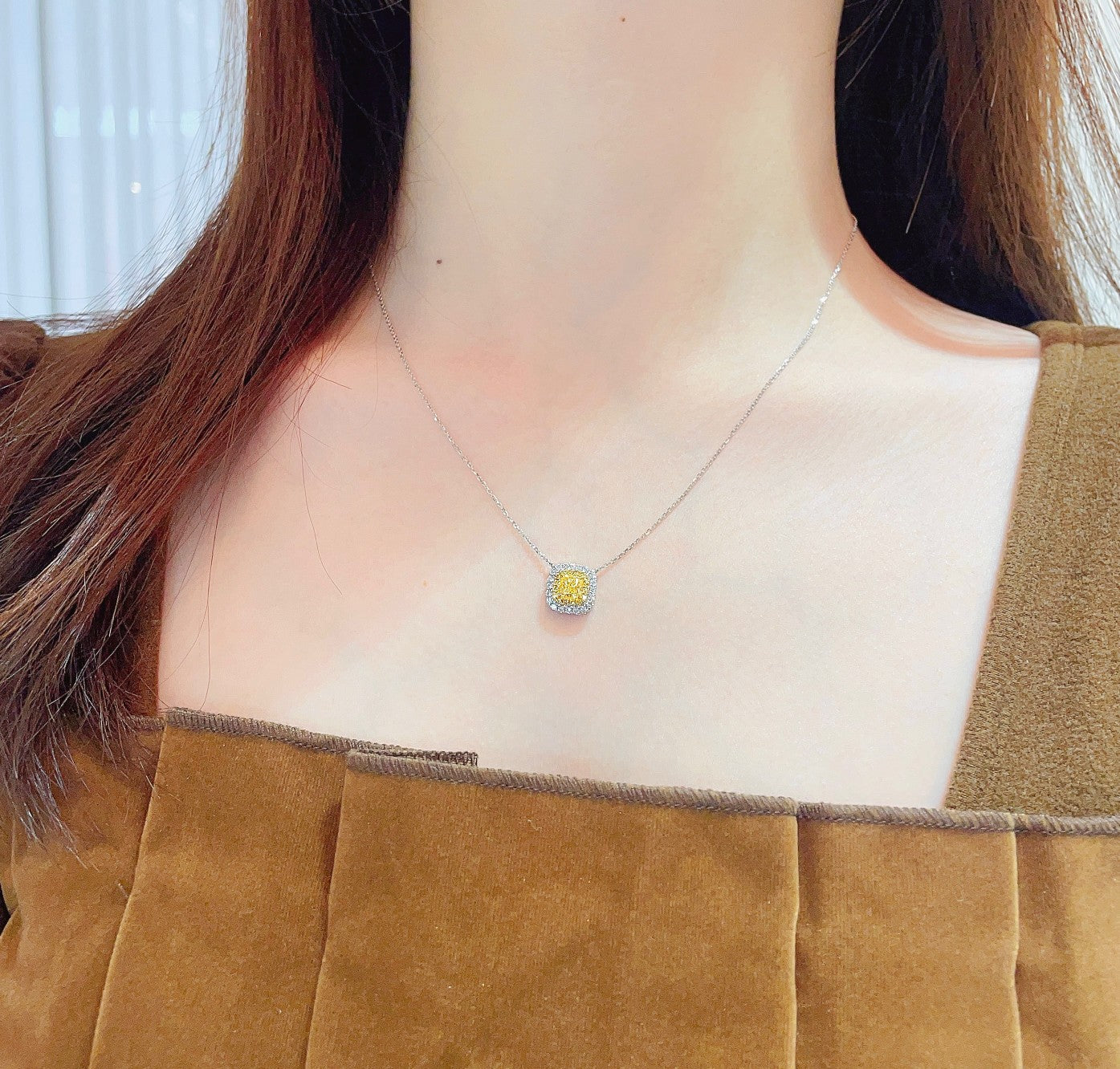 18K Yellow Gold Diamond Cushion-Cut Halo Necklace - Exquisite Jewelry - Yellow Diamond Necklace