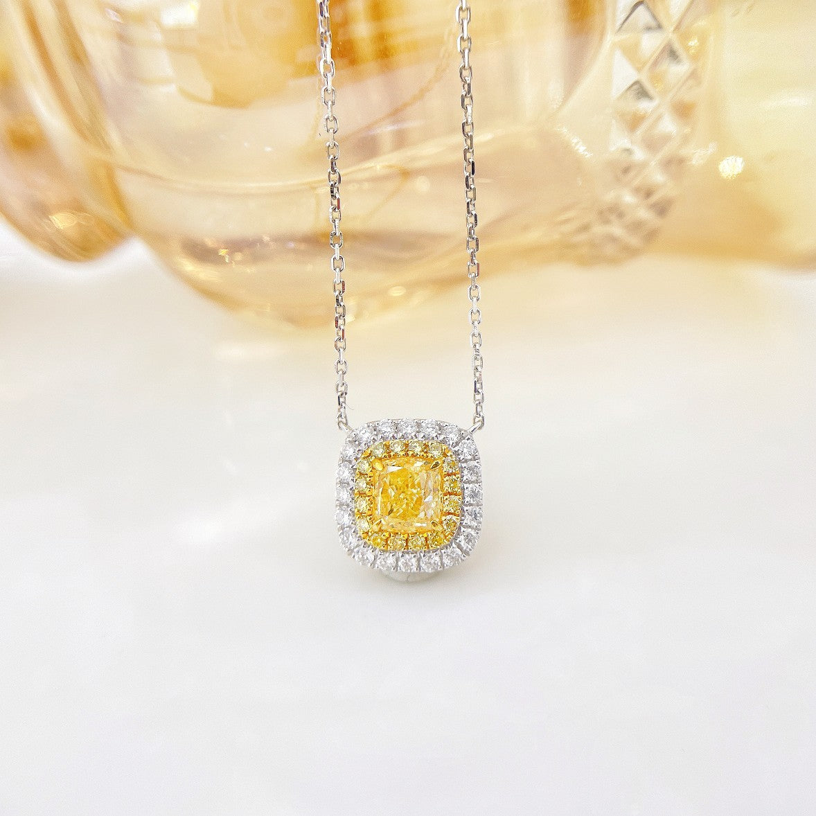 18K Yellow Gold Diamond Cushion-Cut Halo Necklace - Exquisite Jewelry - Yellow Diamond Necklace