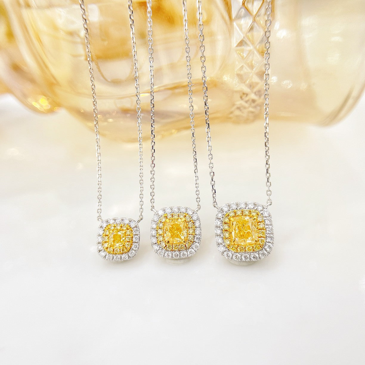 18K Yellow Gold Diamond Cushion-Cut Halo Necklace - Exquisite Jewelry - Yellow Diamond Necklace