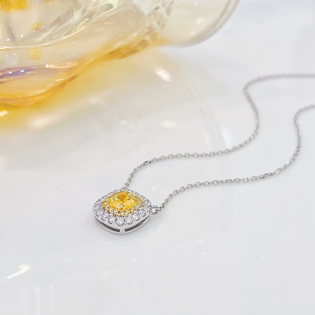 18K Yellow Gold Diamond Cushion-Cut Halo Necklace - XL027-Y - Yellow Diamond Necklace