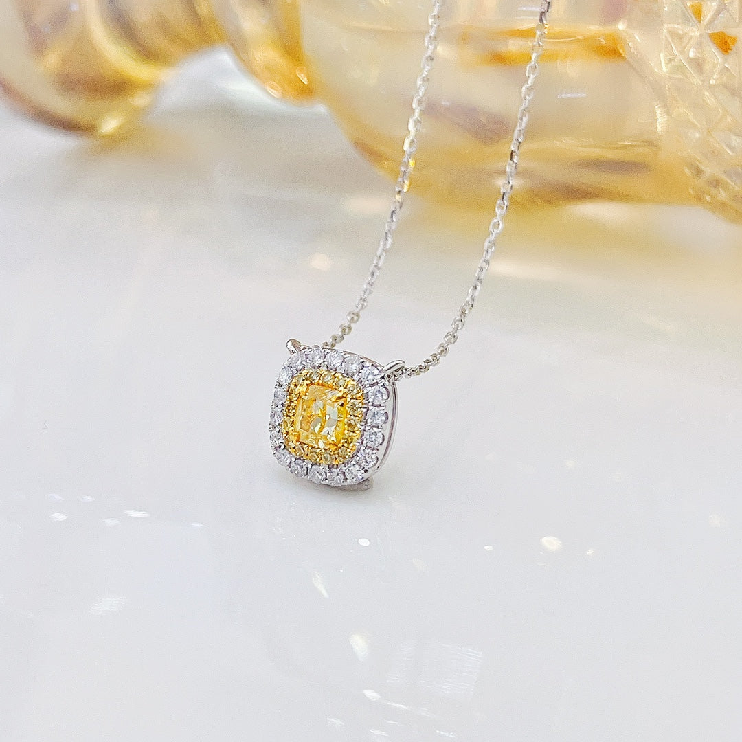 18K Yellow Gold Diamond Cushion-Cut Halo Necklace - XL027-Y - Yellow Diamond Necklace