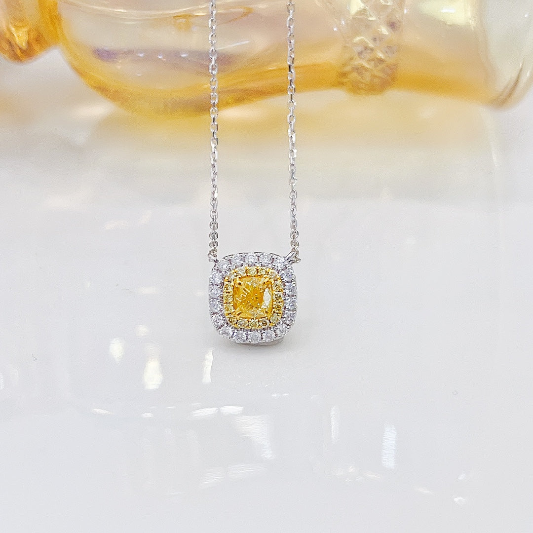 18K Yellow Gold Diamond Cushion-Cut Halo Necklace - XL027-Y - Yellow Diamond Necklace