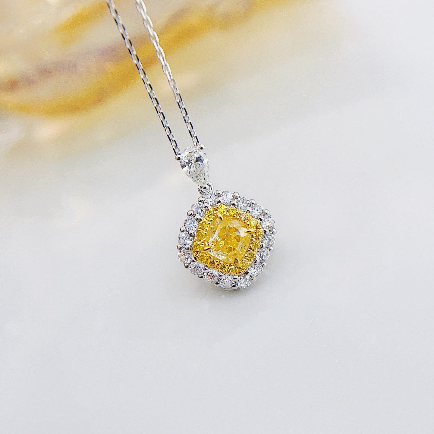 18K Yellow Gold Diamond Cushion-Cut Halo Pendant Necklace - Jewelry - Yellow Diamond Necklace