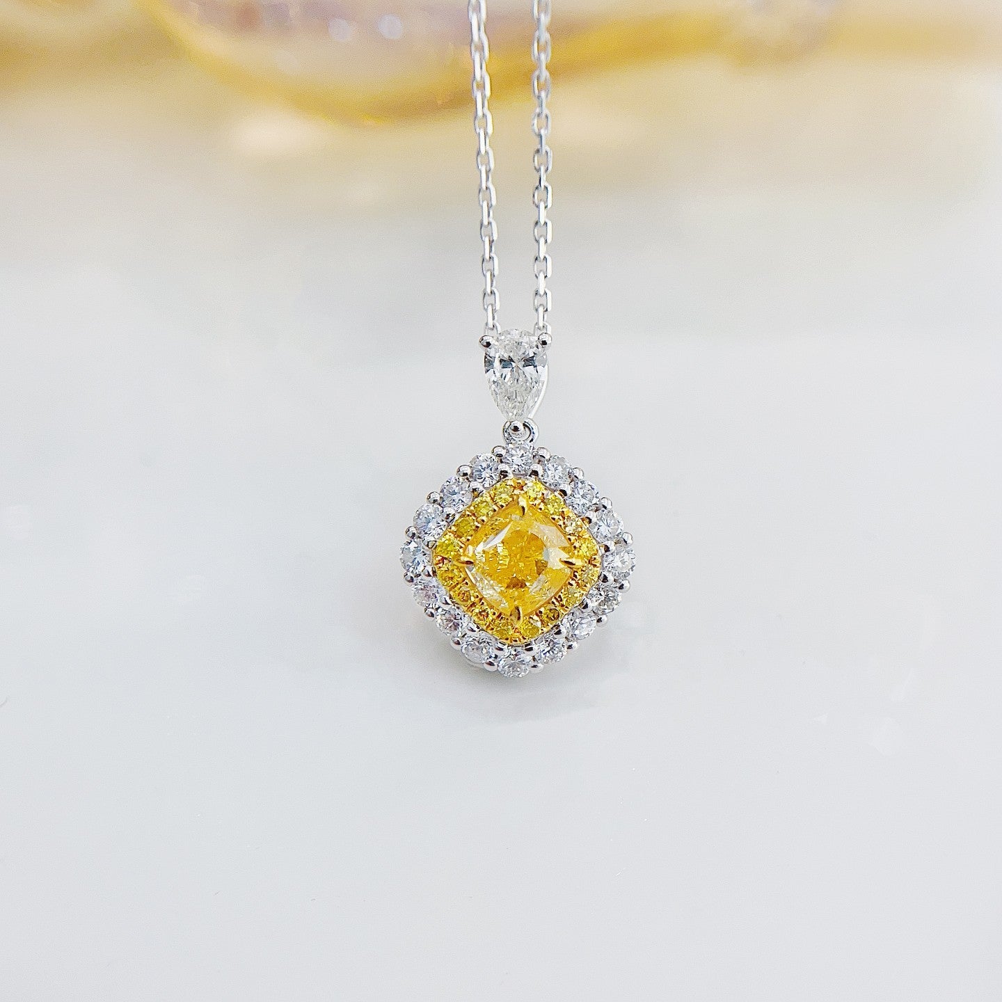 18K Yellow Gold Diamond Cushion-Cut Halo Pendant Necklace - Jewelry - Yellow Diamond Necklace