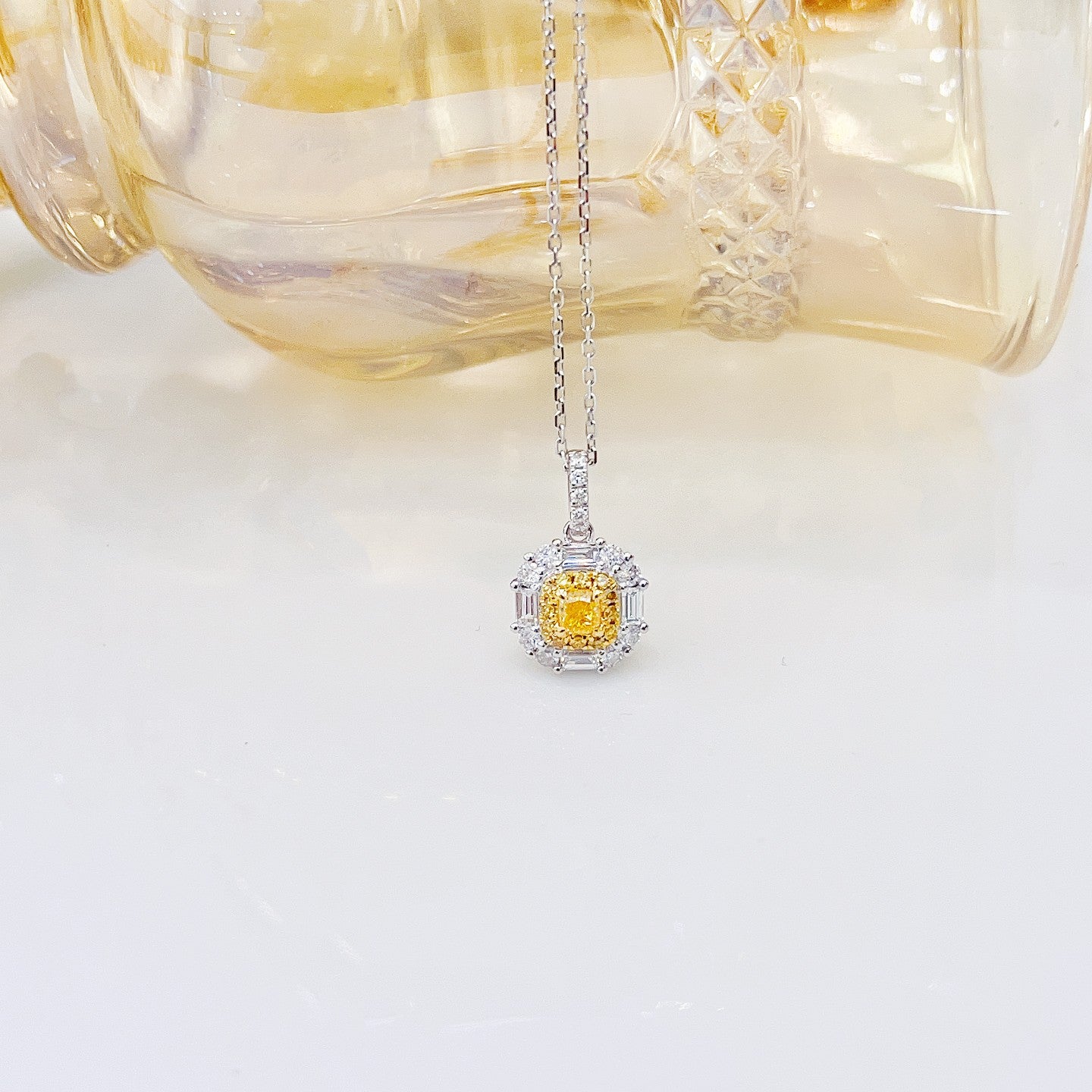 18K Yellow Gold Diamond Cushion-Cut Halo Pendant Necklace - Luxurious Jewelry - Yellow Diamond Necklace