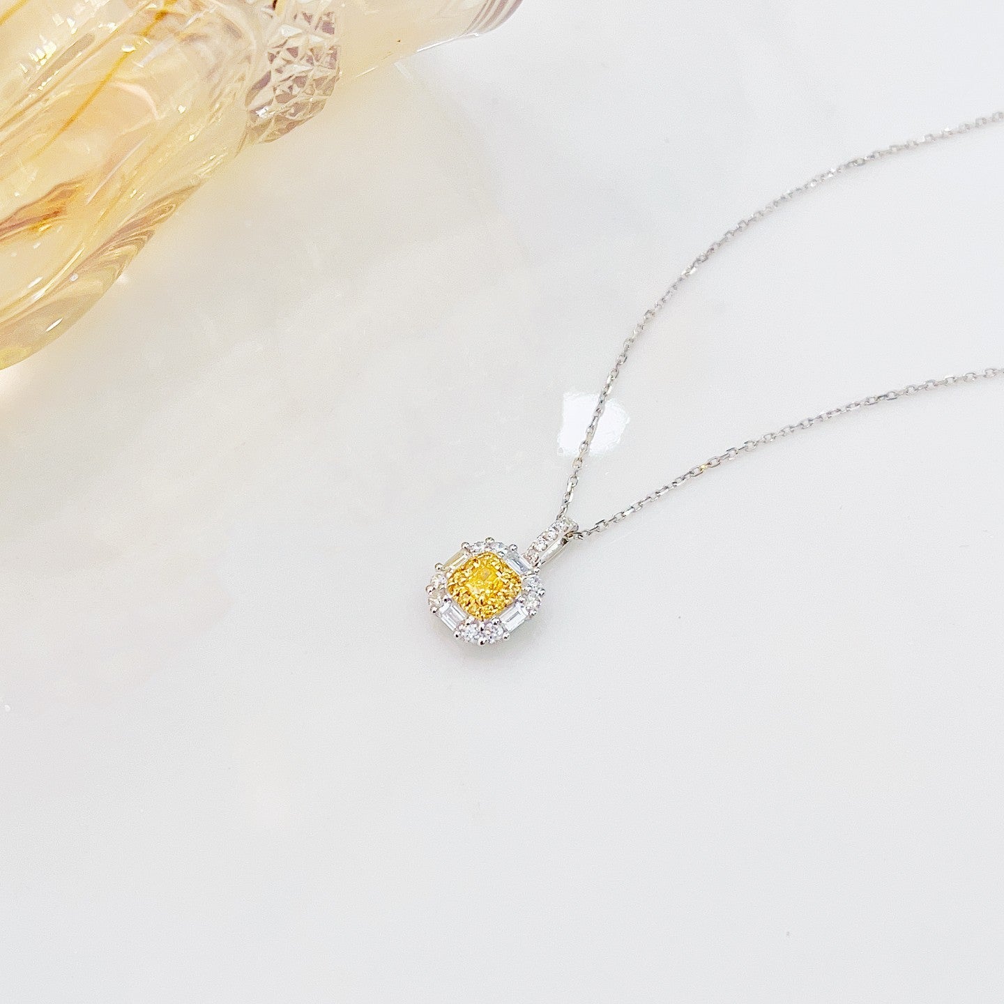 18K Yellow Gold Diamond Cushion-Cut Halo Pendant Necklace - Luxurious Jewelry - Yellow Diamond Necklace