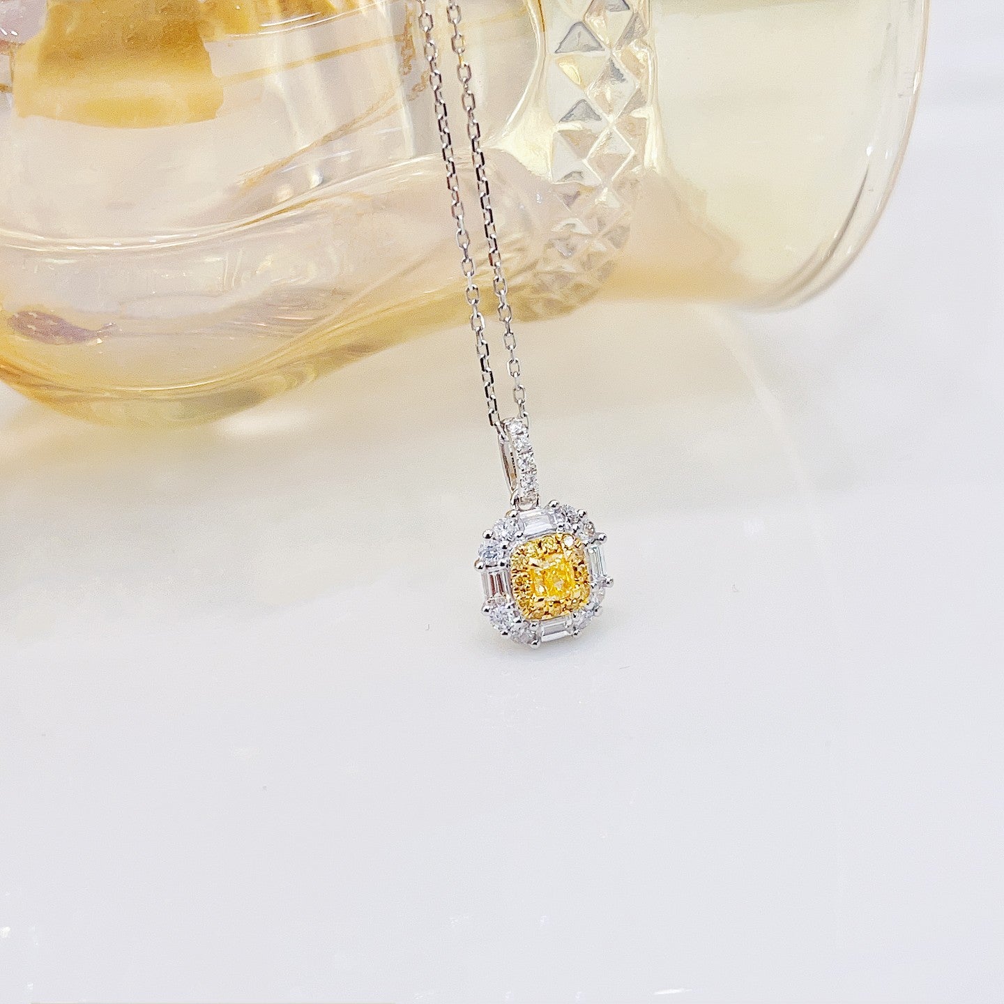 18K Yellow Gold Diamond Cushion-Cut Halo Pendant Necklace - Luxurious Jewelry - Yellow Diamond Necklace