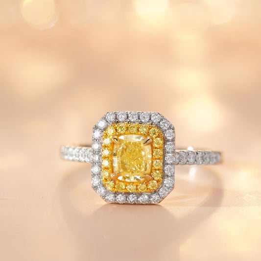 18K Yellow Gold Diamond Cushion-Cut Halo Ring | Premium Jewelry - Yellow Diamond Ring