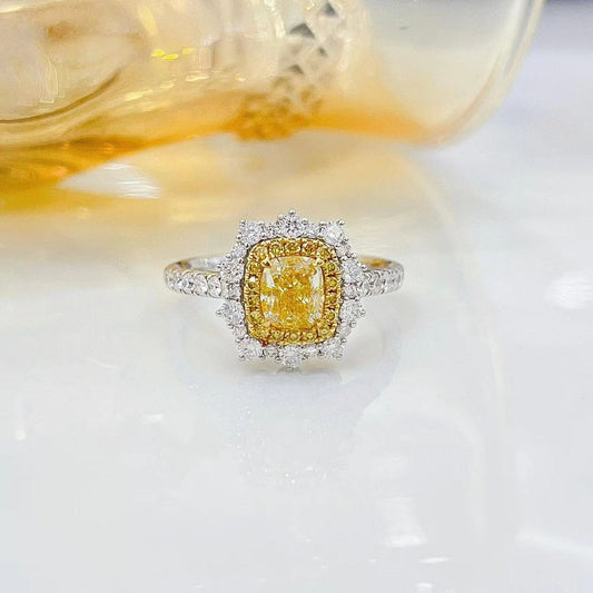 18K Yellow Gold Diamond Cushion-Cut Halo Ring - Premium Jewelry - Yellow Diamond Ring