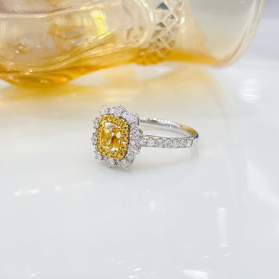 18K Yellow Gold Diamond Cushion-Cut Halo Ring - Premium Jewelry - Yellow Diamond Ring